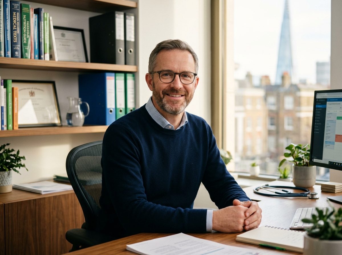 Dr Alistair Reed, UK Clinical Health Advisor at his desk in London