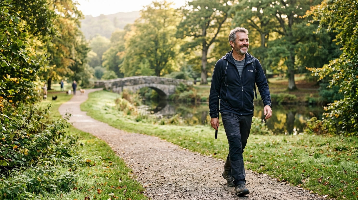 Active healthy mature British man walking in an English park