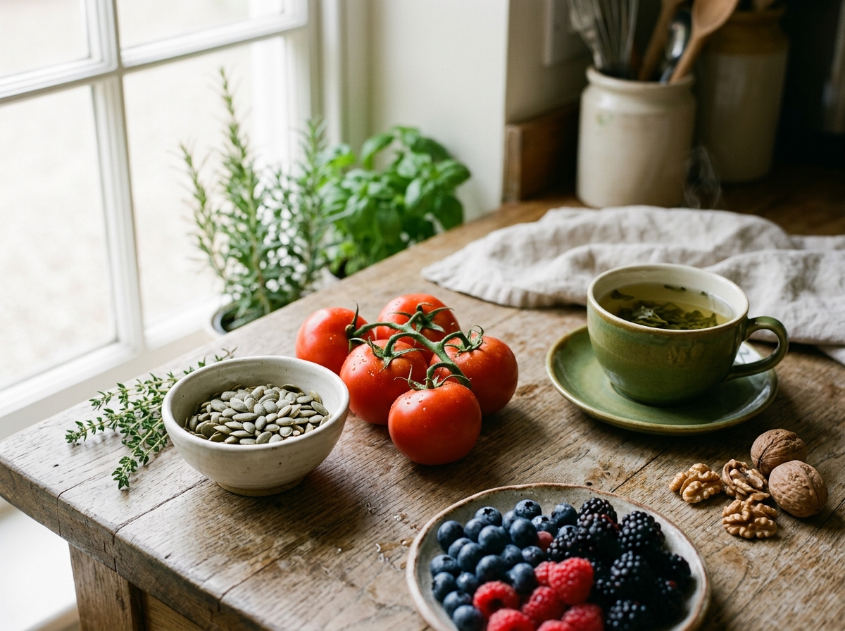 Natural dietary ingredients supporting prostate health including pumpkin seeds, tomatoes and green tea